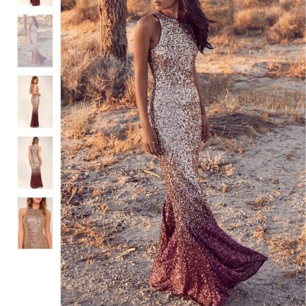Lulu's Infinite  Dreams Burgundy and Rose Gold Ombre Sequin Maxi Dress